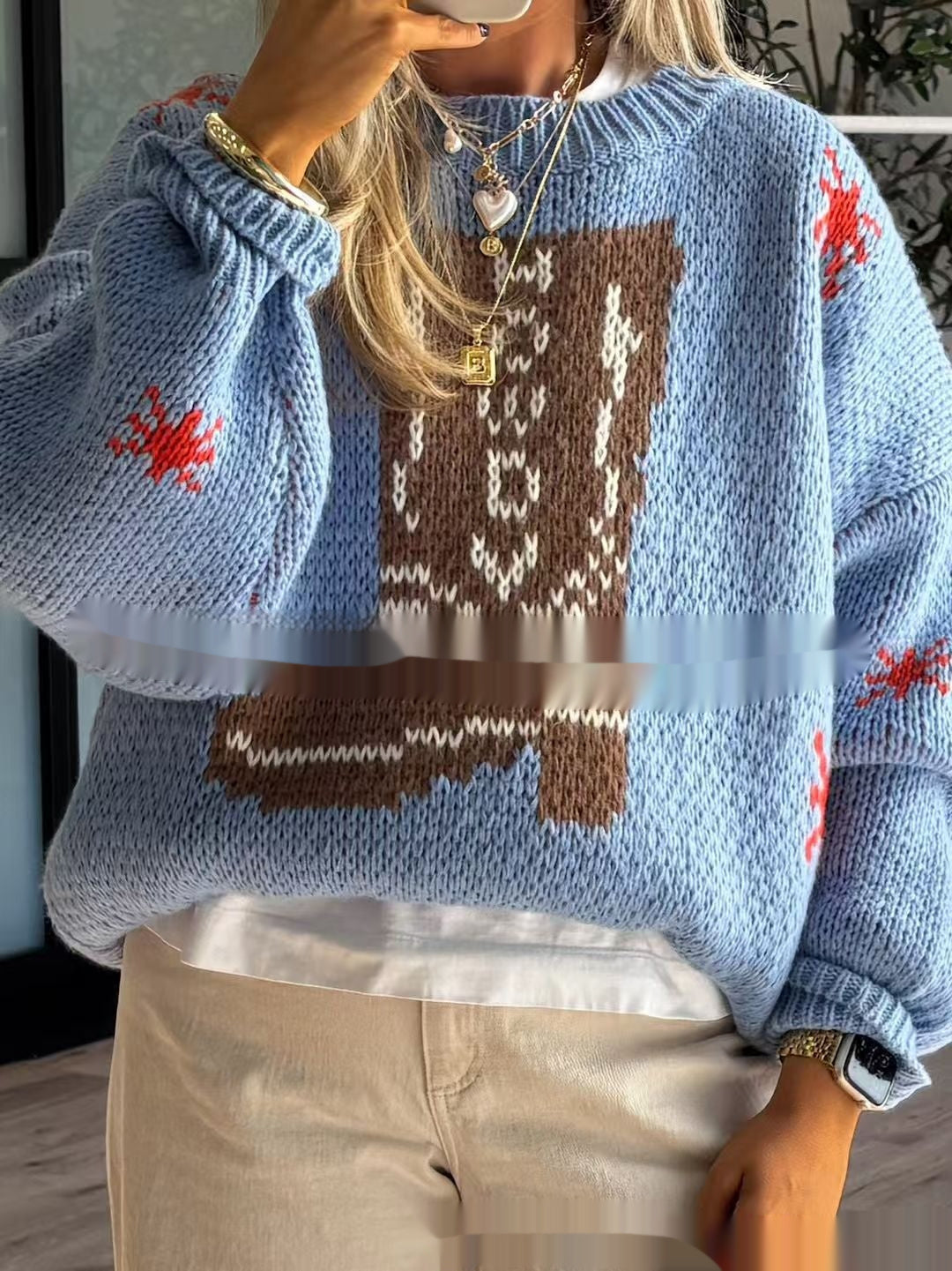 Christmas Boots Crew Neck Long Sleeve Midi Womens Knit Sweater