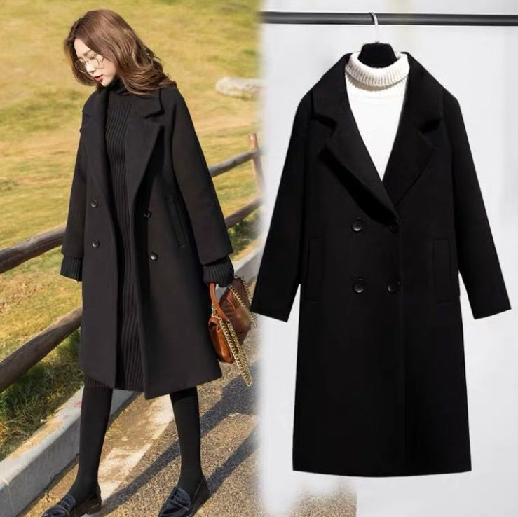 Women's Fashion Black Loose Woolen Coat