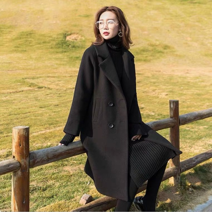 Women's Fashion Black Loose Woolen Coat