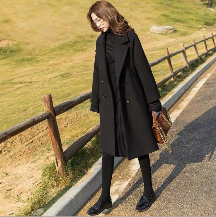 Women's Fashion Black Loose Woolen Coat
