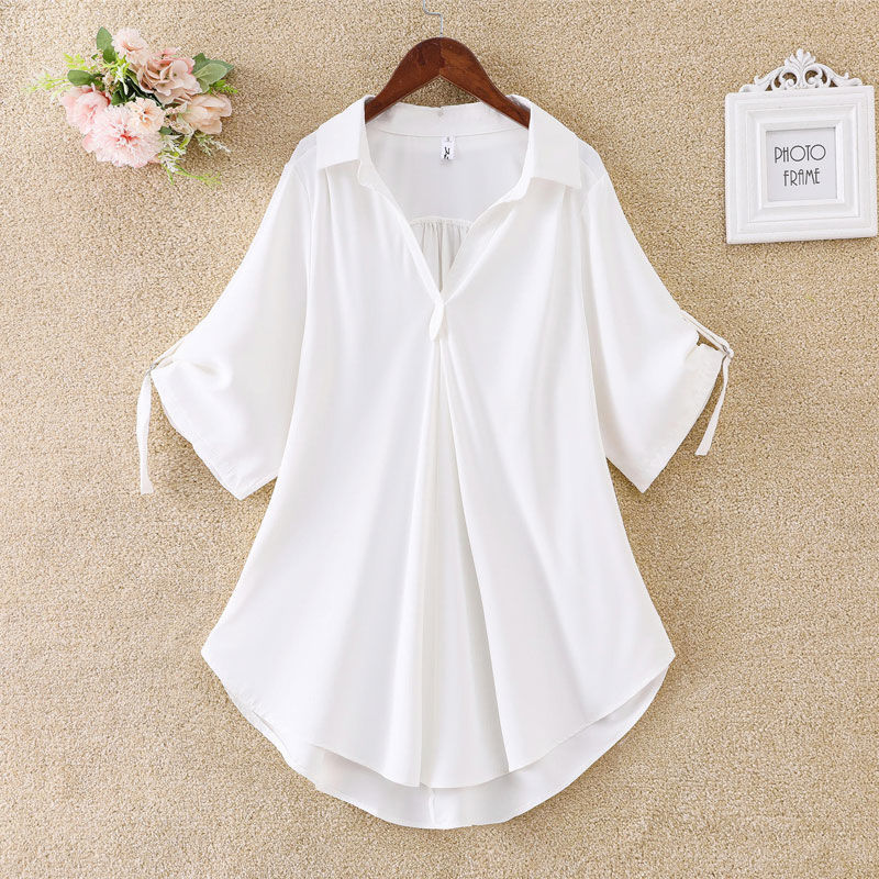 Summer New Style V-Neck Solid Color Loose Chiffon Blouse Plus Size Short-Sleeved Shirt