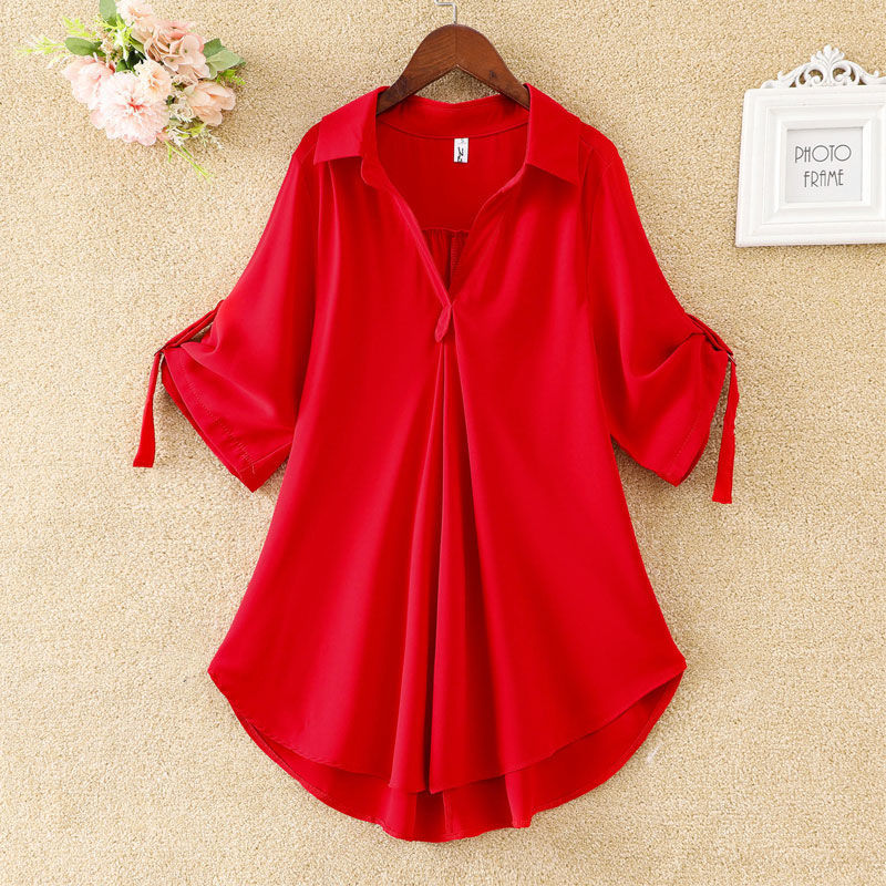 Summer New Style V-Neck Solid Color Loose Chiffon Blouse Plus Size Short-Sleeved Shirt