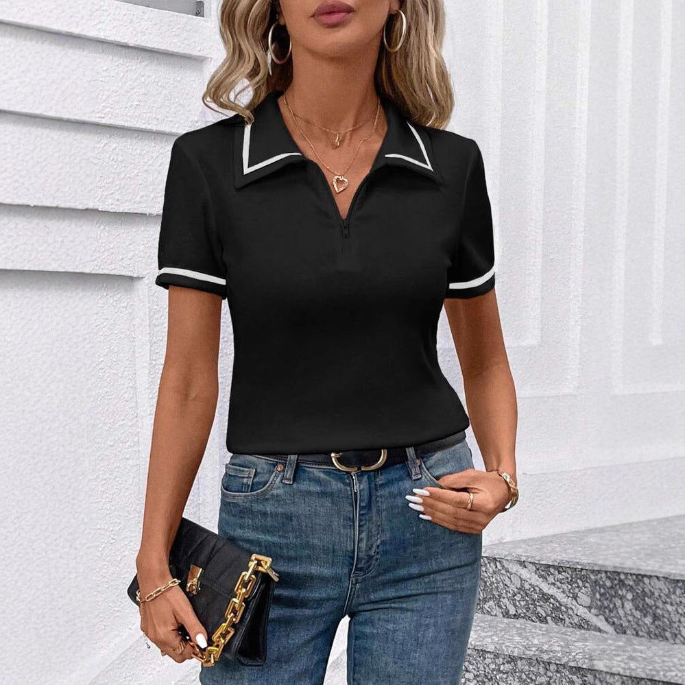 V-neck Solid-color Short-sleeve Casual T-shirt For Women