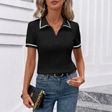 V-neck Solid-color Short-sleeve Casual T-shirt For Women