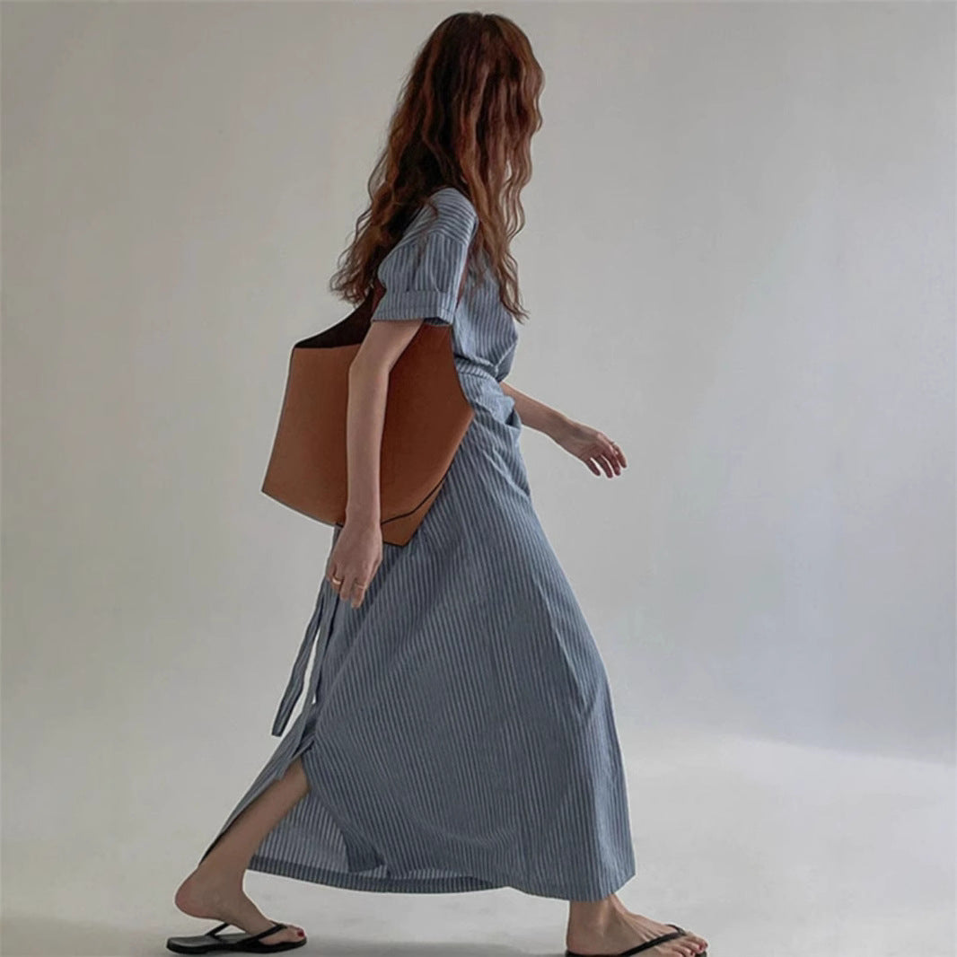 Striped Lace-up Waist-controlled Slimming Dress Women