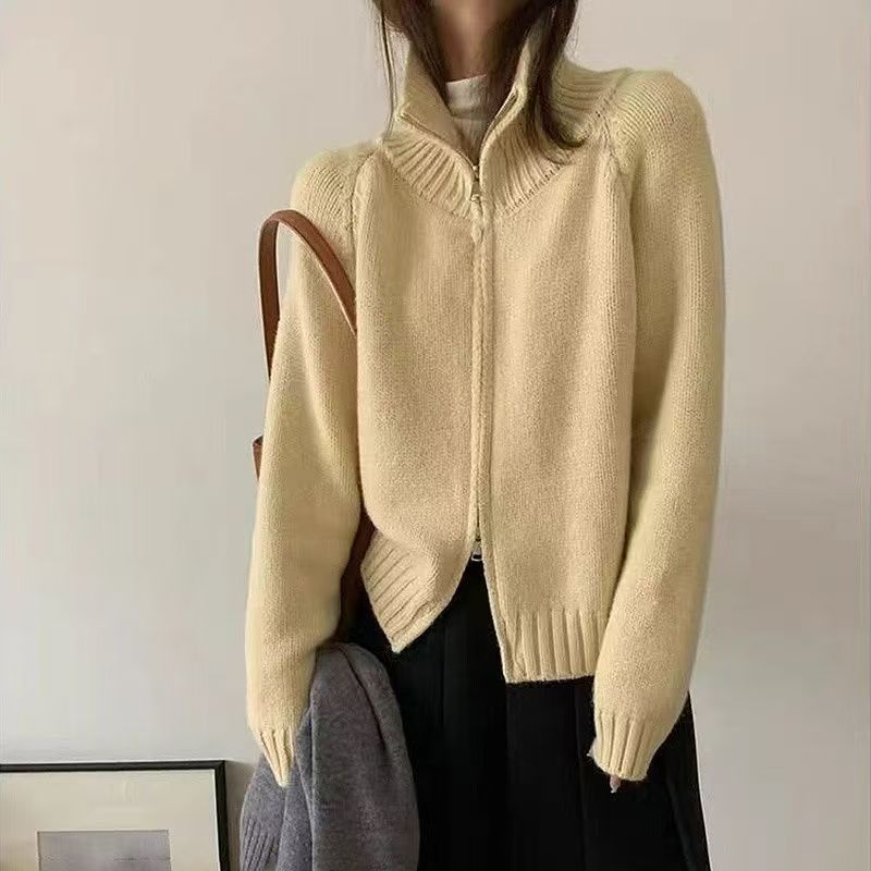 Loose-fitting Simple Stand-collar Laid-back Knit Cardigan Top