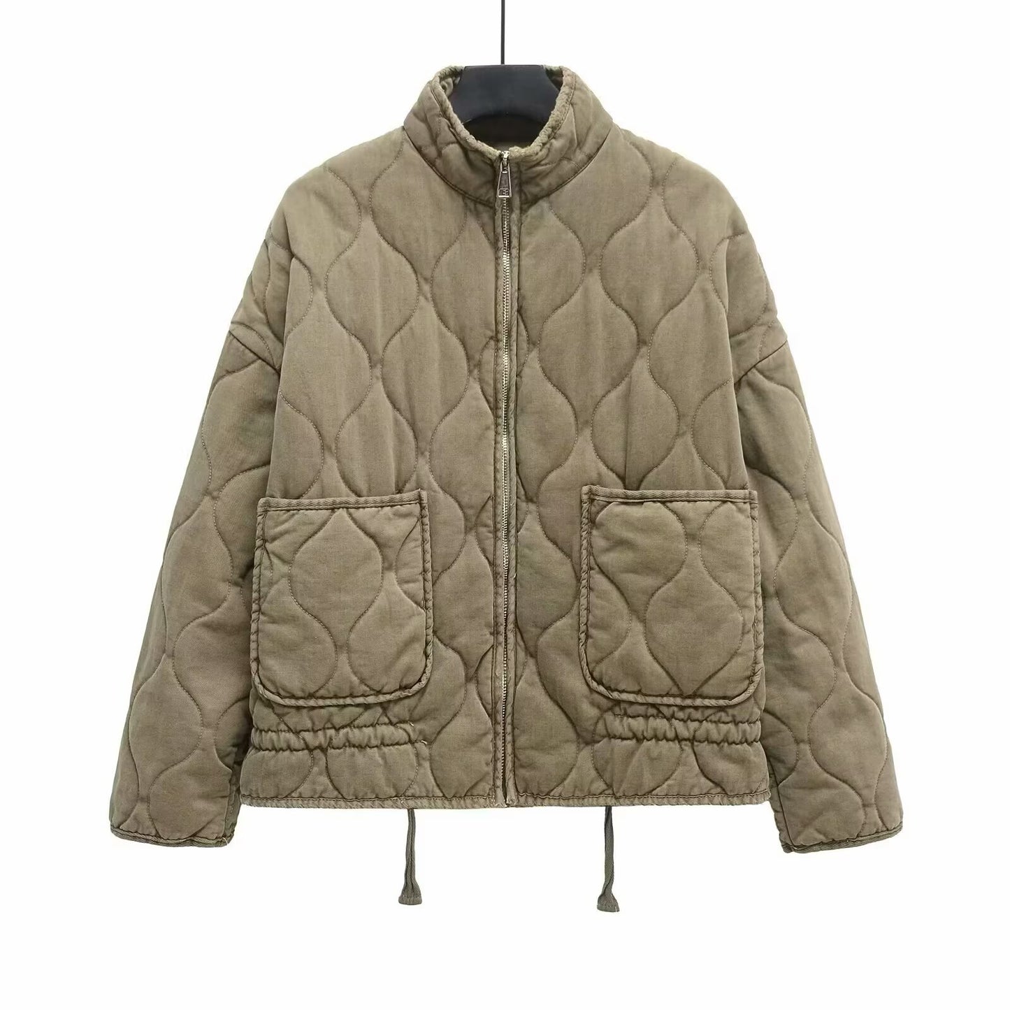 Winter Washed Cotton Jacket With A Diamond-Pattern Stand Collar