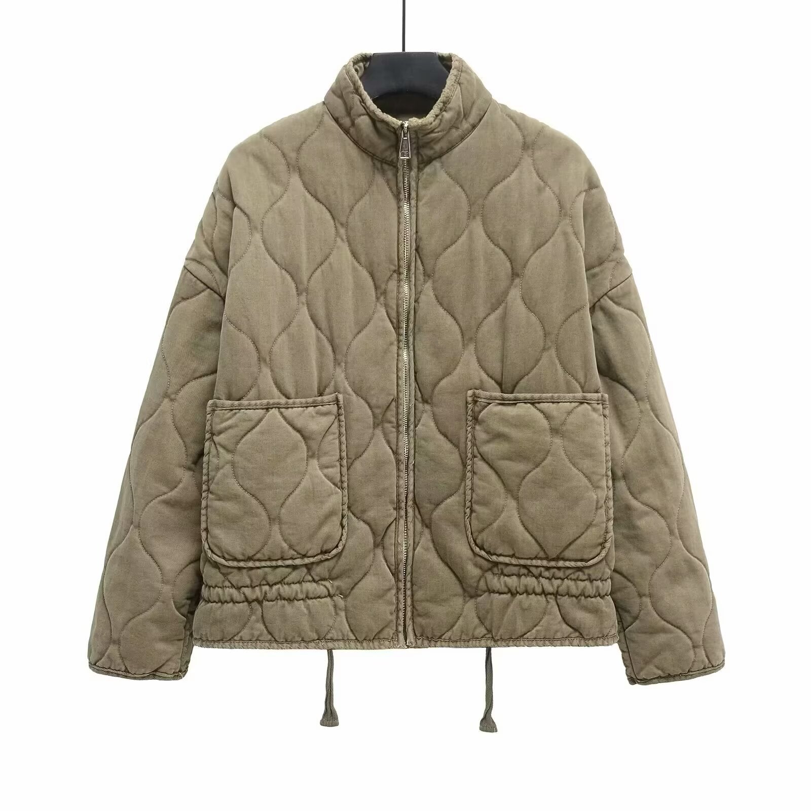 Winter Washed Cotton Jacket With A Diamond-Pattern Stand Collar