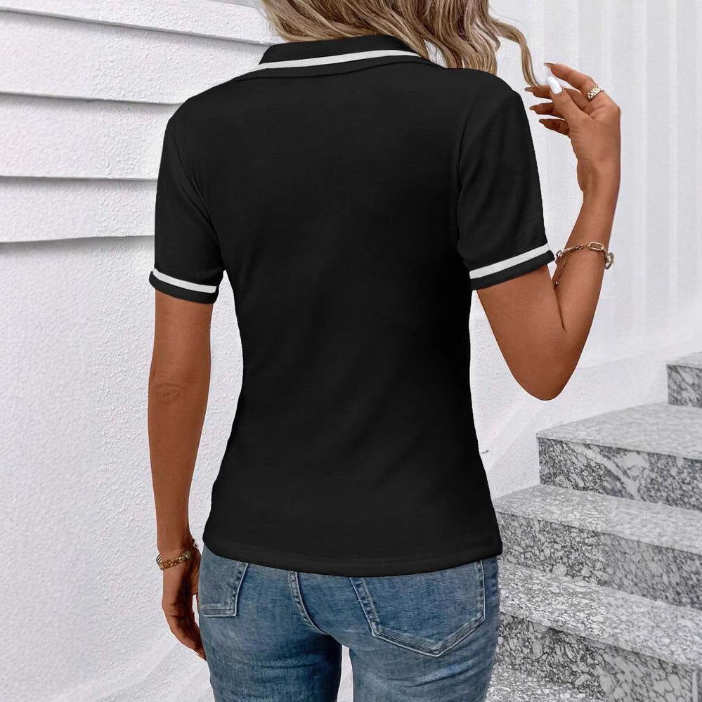 V-neck Solid-color Short-sleeve Casual T-shirt For Women