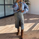 Christmas Boots Crew Neck Long Sleeve Midi Womens Knit Sweater