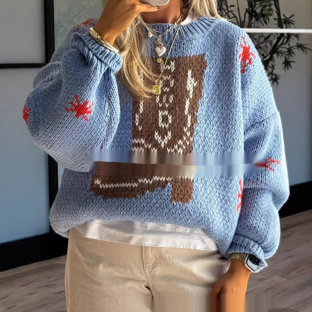 Christmas Boots Crew Neck Long Sleeve Midi Womens Knit Sweater