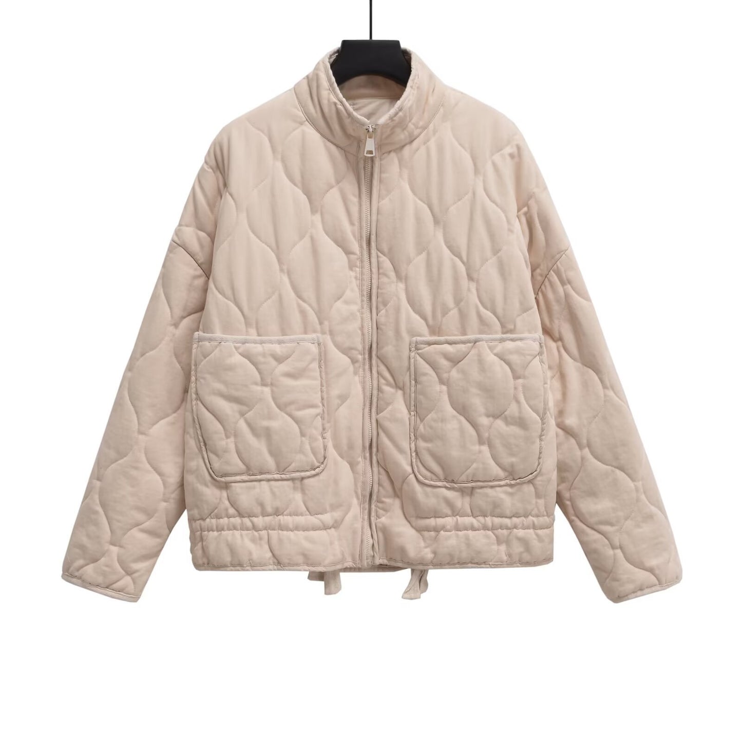 Winter Washed Cotton Jacket With A Diamond-Pattern Stand Collar