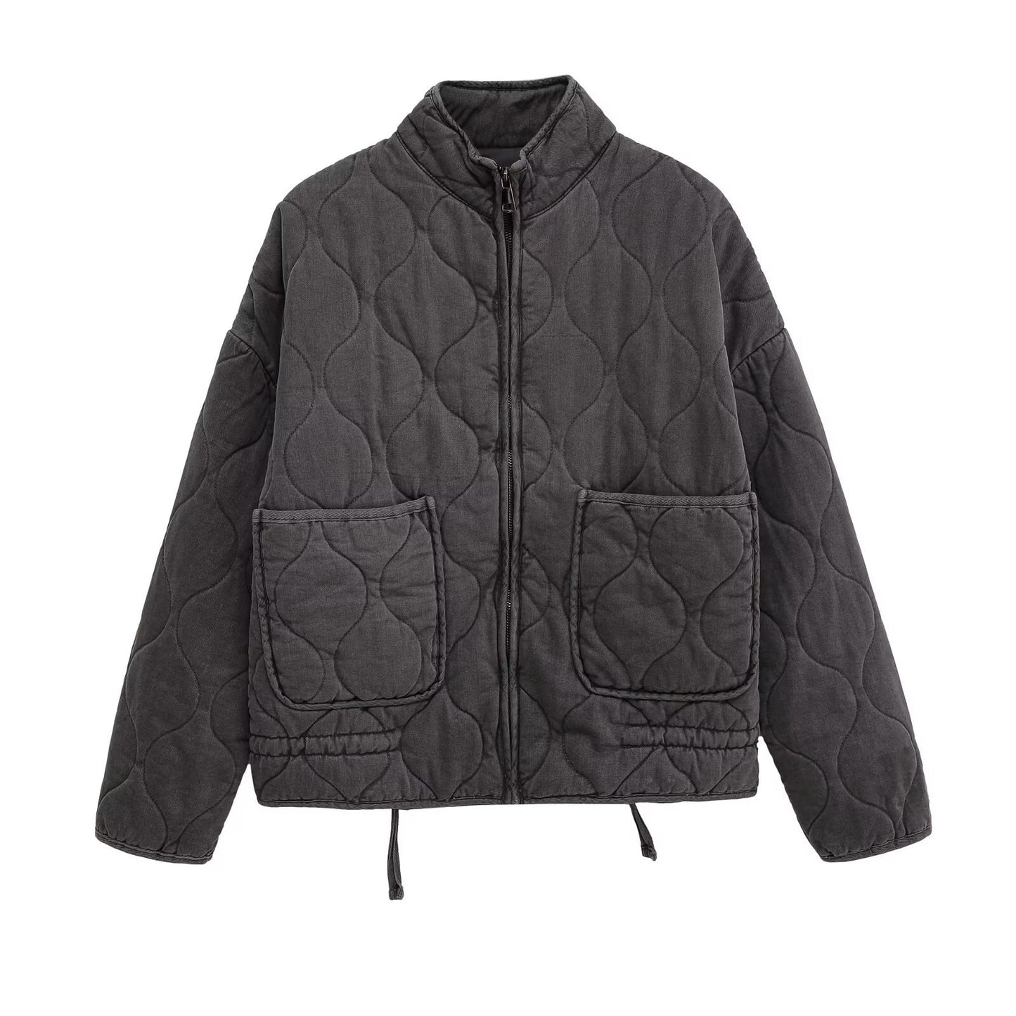 Winter Washed Cotton Jacket With A Diamond-Pattern Stand Collar