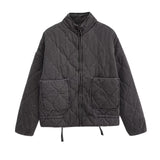 Winter Washed Cotton Jacket With A Diamond-Pattern Stand Collar