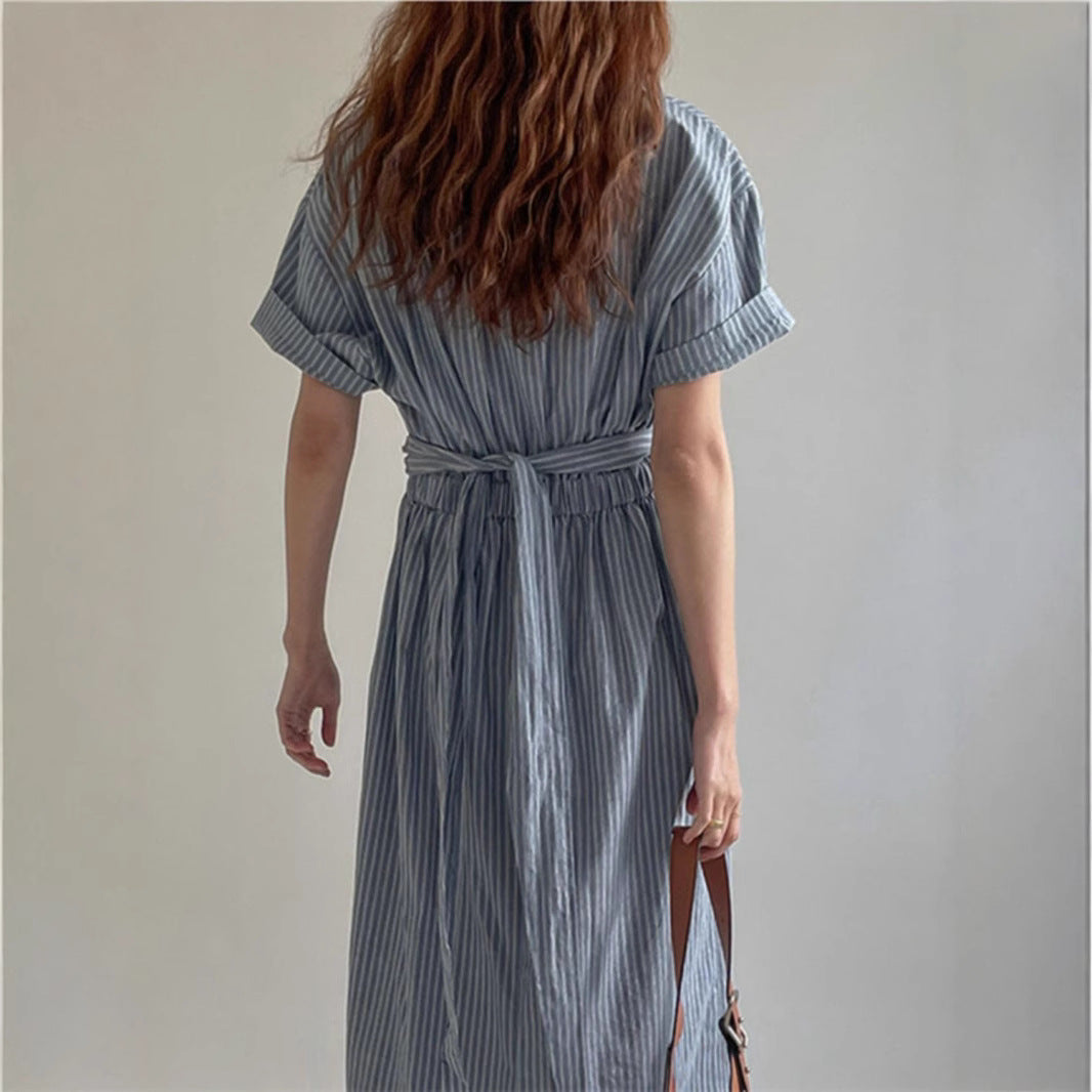 Striped Lace-up Waist-controlled Slimming Dress Women