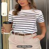 تيشيرت نسائي بأكمام قصيرة مخططة وياقة دائرية