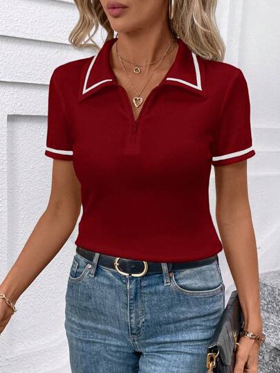 V-neck Solid-color Short-sleeve Casual T-shirt For Women