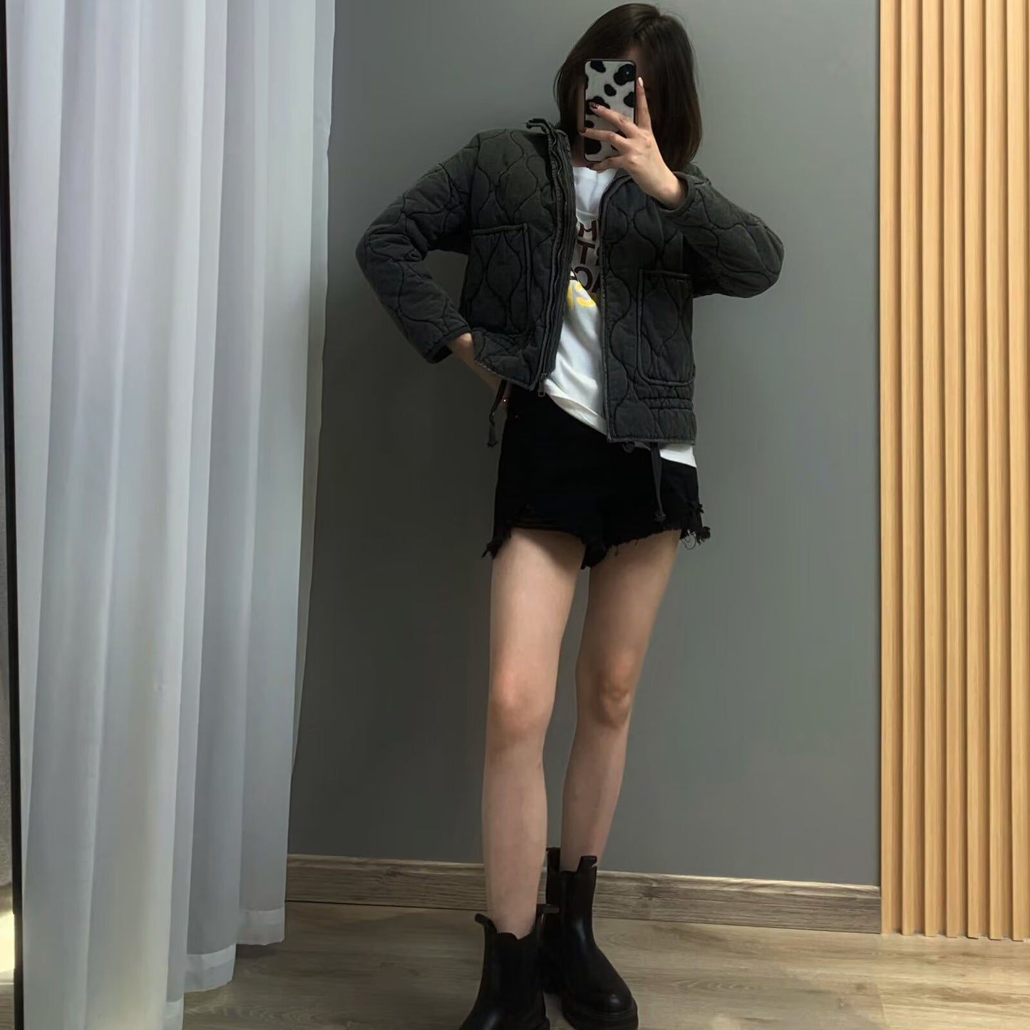 Winter Washed Cotton Jacket With A Diamond-Pattern Stand Collar